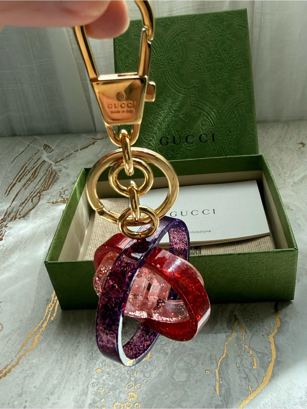 Gucci Interlocking G Glitter Resin Keychain Bag Charm Purple Red Pink Gold